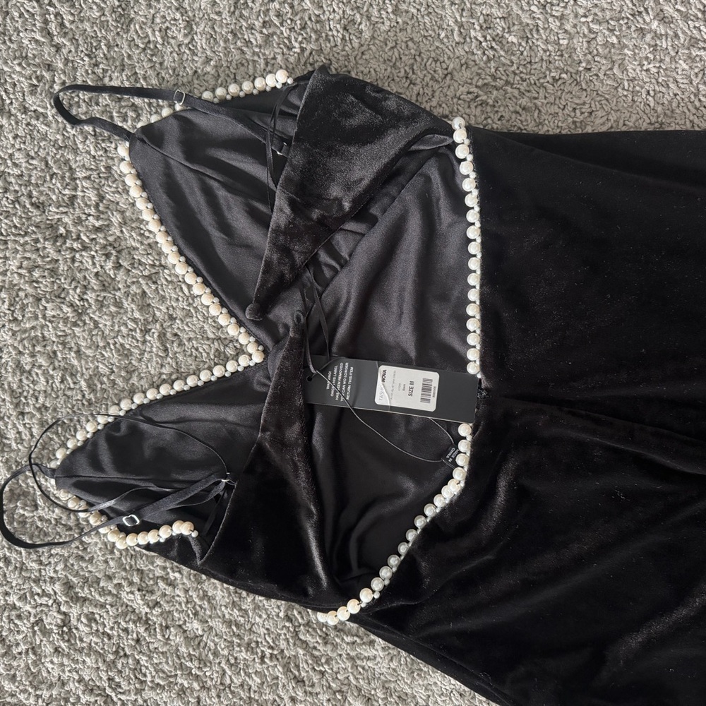 Fashion Nova Black Velvet Chemise with Pearl Detail